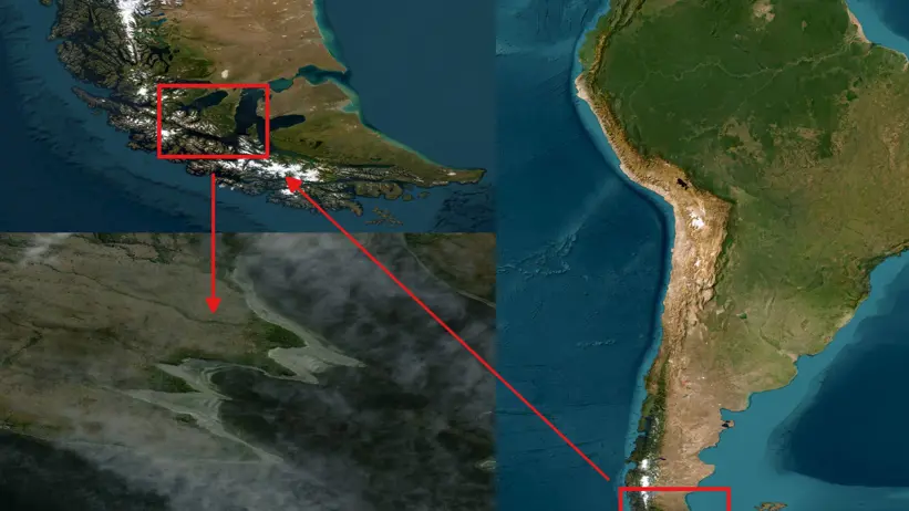 Map of South America highlighting regions in Patagonia and Tierra del Fuego.