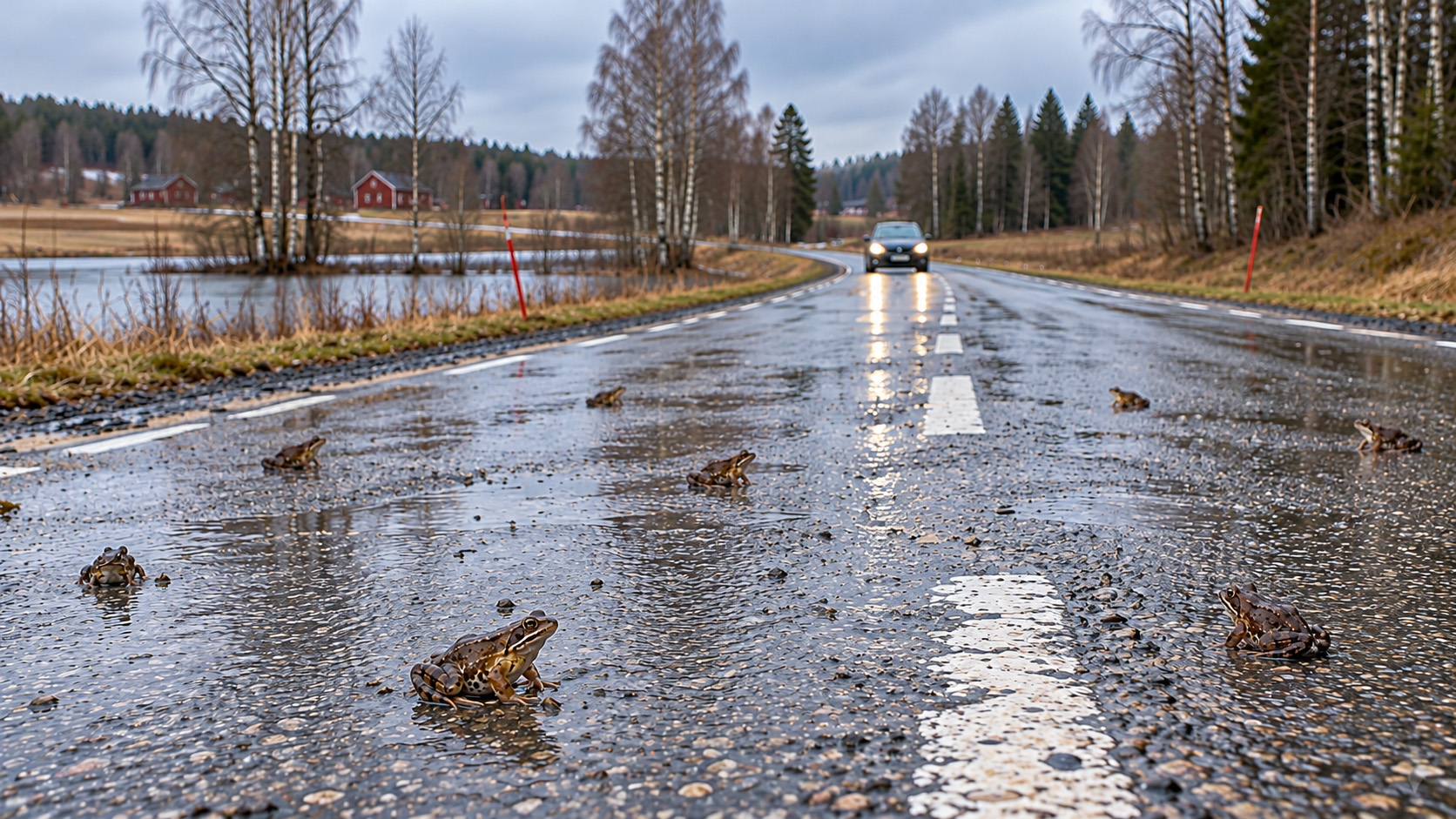 Många grodor på en blöt landsväg. En bil kommer körande mot grodorna. Träden har inga löv än.