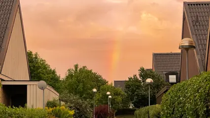 A rainbow on a pink coloured sky over a residential area