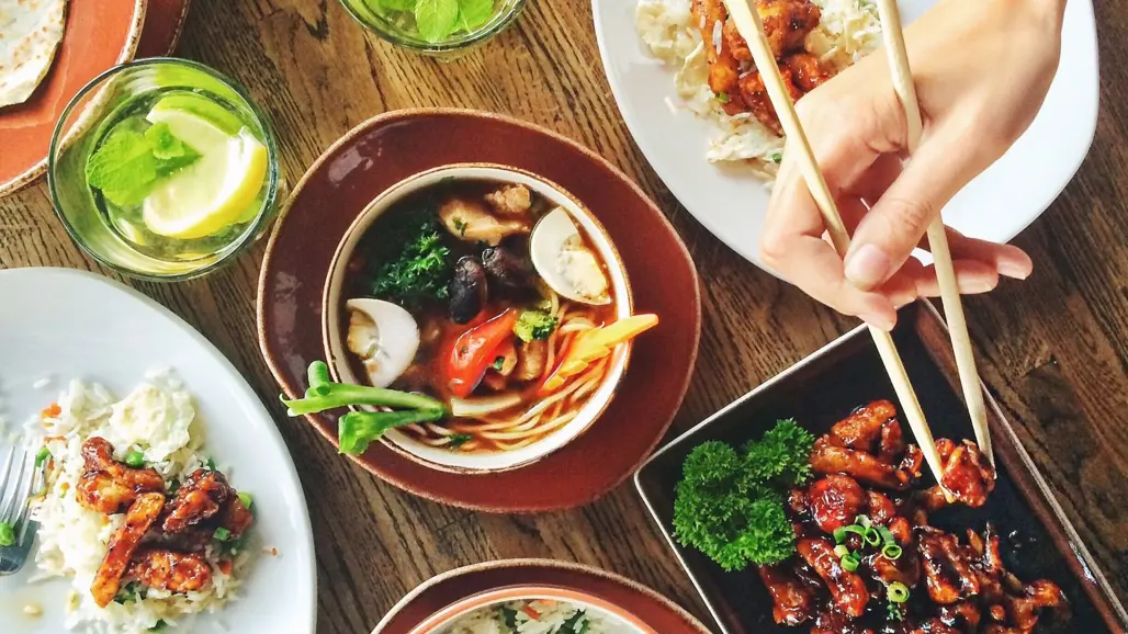 Plates with food on a table. Photo.