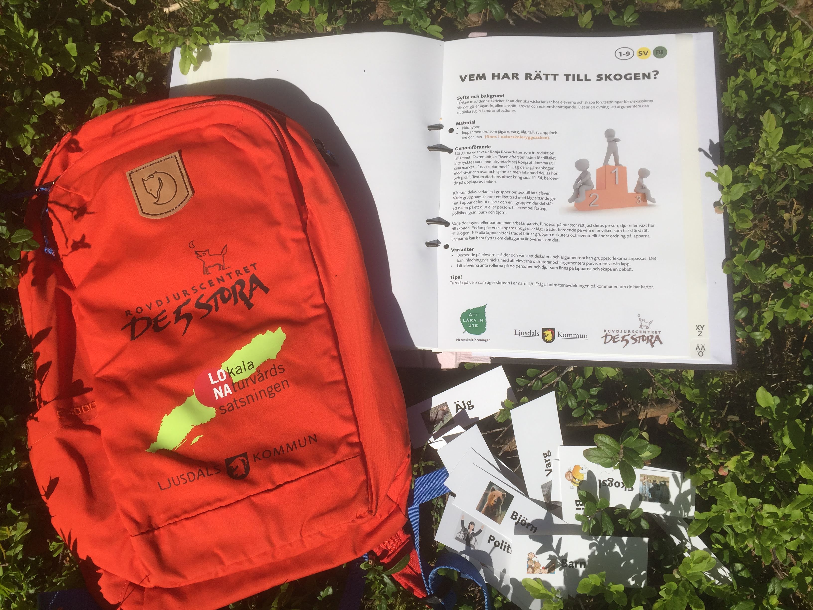 Ryggsäck med pärm och pedagogiska lappar.
