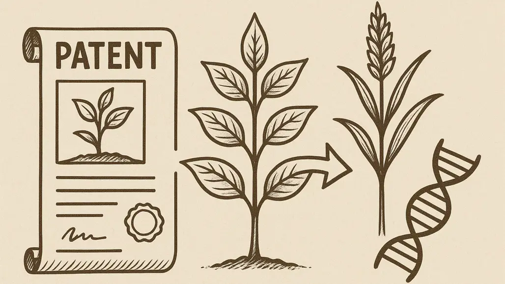 An AI-generated image of a piece of paper with the word "Patent" written on it, two plants, and a DNA helix.