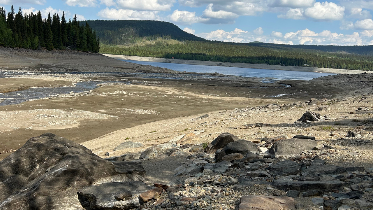 A landscape of dry sand. Water in the background.
