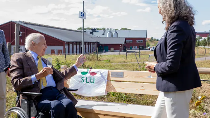 En äldre man i rullstol och en kvinna står framför en träbänk. Mannen drar en liten glansig duk med en logotyp åt sidan och blottar en plakett med texten "Anders Walls hage". I bakgrunden skymtar en kohage.
