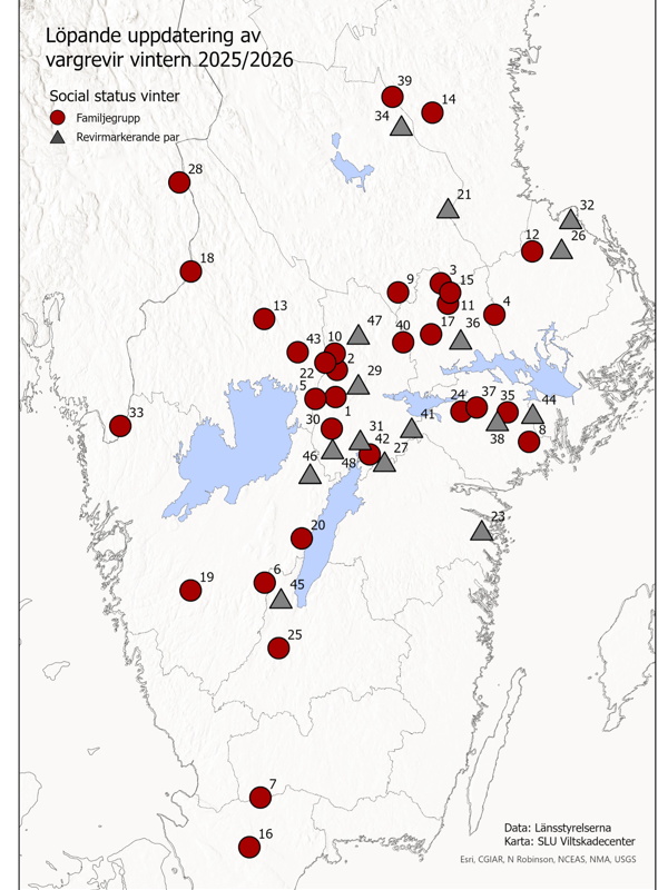 48 dokumenterade vargrevir i Sverige 2026-02-27, karta närbild