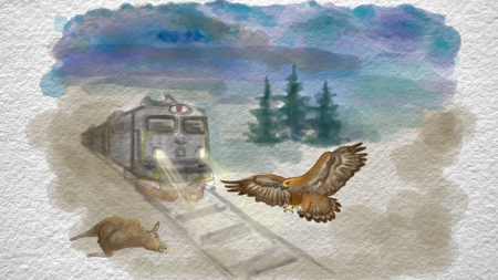 Tecknad bild med ett tåg, en örn och en död älg vid tågspåret.