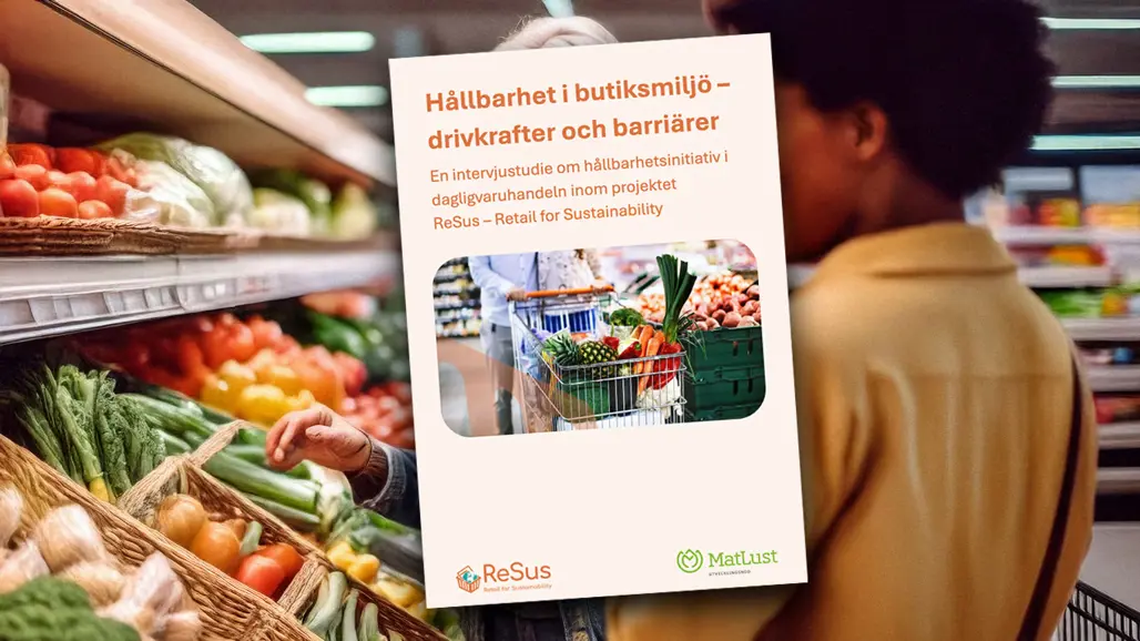 Framsidan av rapporten, i bakgrunden två personer som handlar grönsaker i butik.