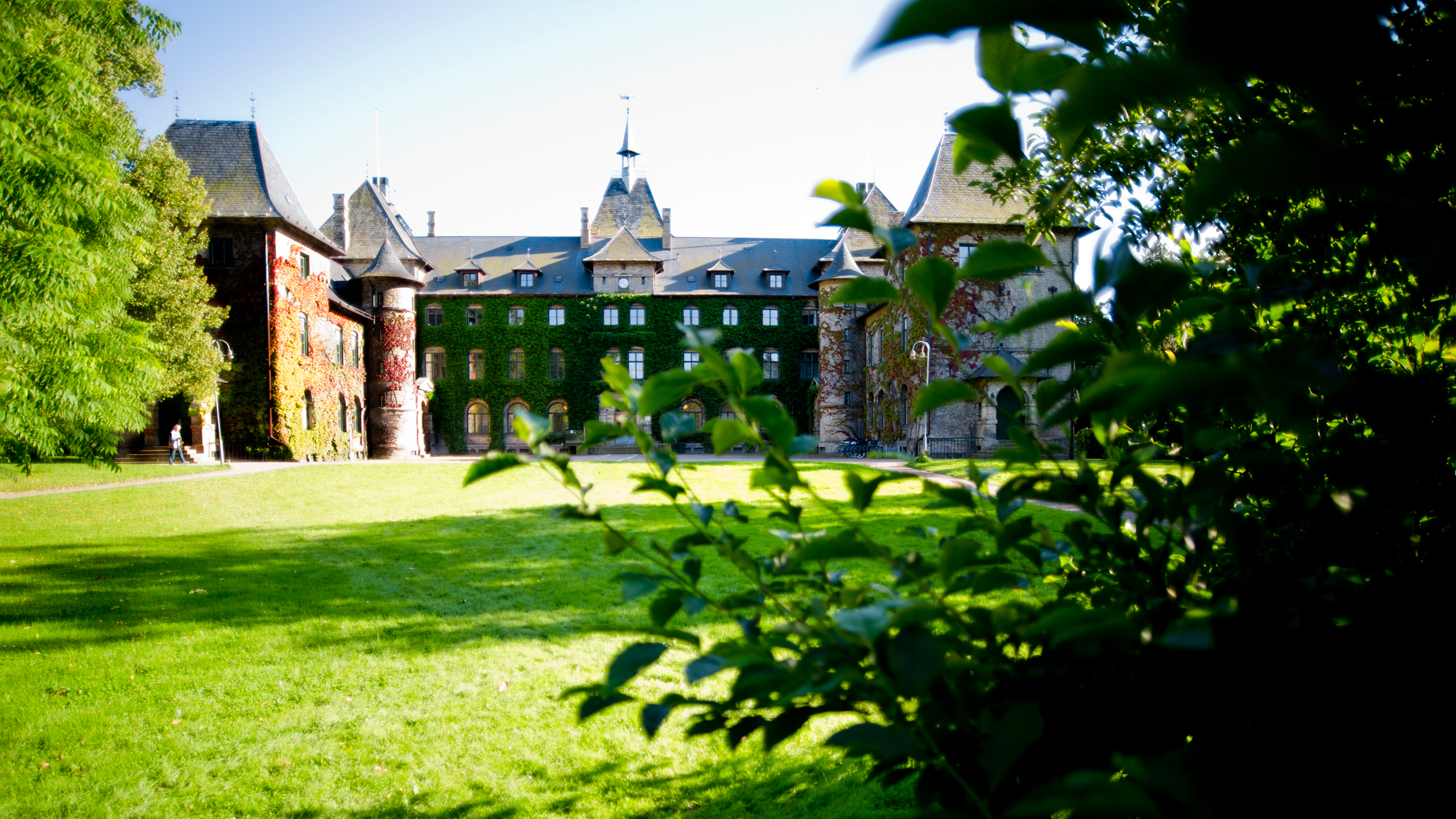 tåtlig slottsliknande byggnad med torn och mörkt tak, täckt av grön och röd klätterväxt. Byggnaden står på en stor gräsmatta omgiven av träd, och bilden är tagen genom gröna blad i förgrunden. Ljuset är starkt och himlen klarblå, vilket ger en somrig känsla. Foto.