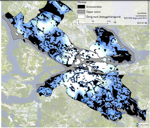 Detta är en karta över Stockholm avseende kylande effekt av ekosystemtjänster. Vita ytor är hårdgjorda (Källa: Barthel et al 2015). De södra förorterna Huddinge, Alby, Fittja och Hallunda hamnar här, som så ofta, utanför kartan, men visar sig i en annan kartbild ha stora delar hårdgjord yta.