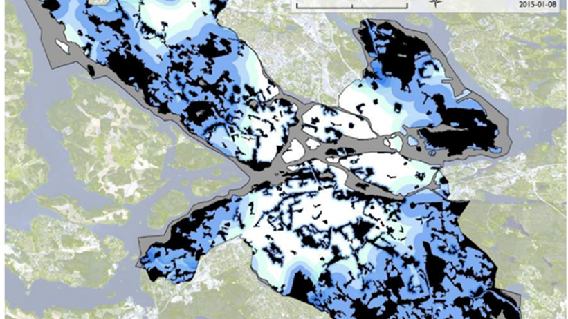 Detta är en karta över Stockholm avseende kylande effekt av ekosystemtjänster. Vita ytor är hårdgjorda (Källa: Barthel et al 2015). De södra förorterna Huddinge, Alby, Fittja och Hallunda hamnar här, som så ofta, utanför kartan, men visar sig i en annan kartbild ha stora delar hårdgjord yta.