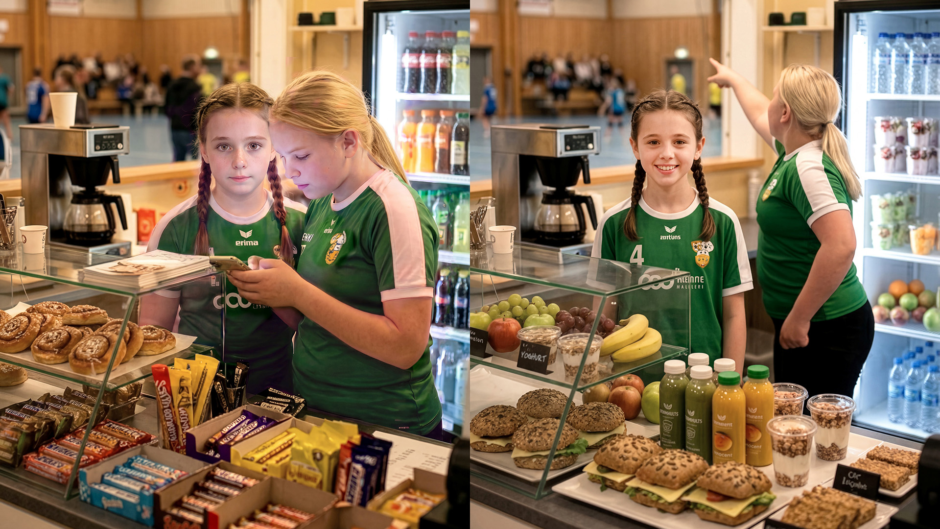 Vänstra bilden: idrottskafeteria med godis, bullar och power bars. Högra bilden: idrottskafeteria med nyttiga mellanmål. Ai-genererat foto.