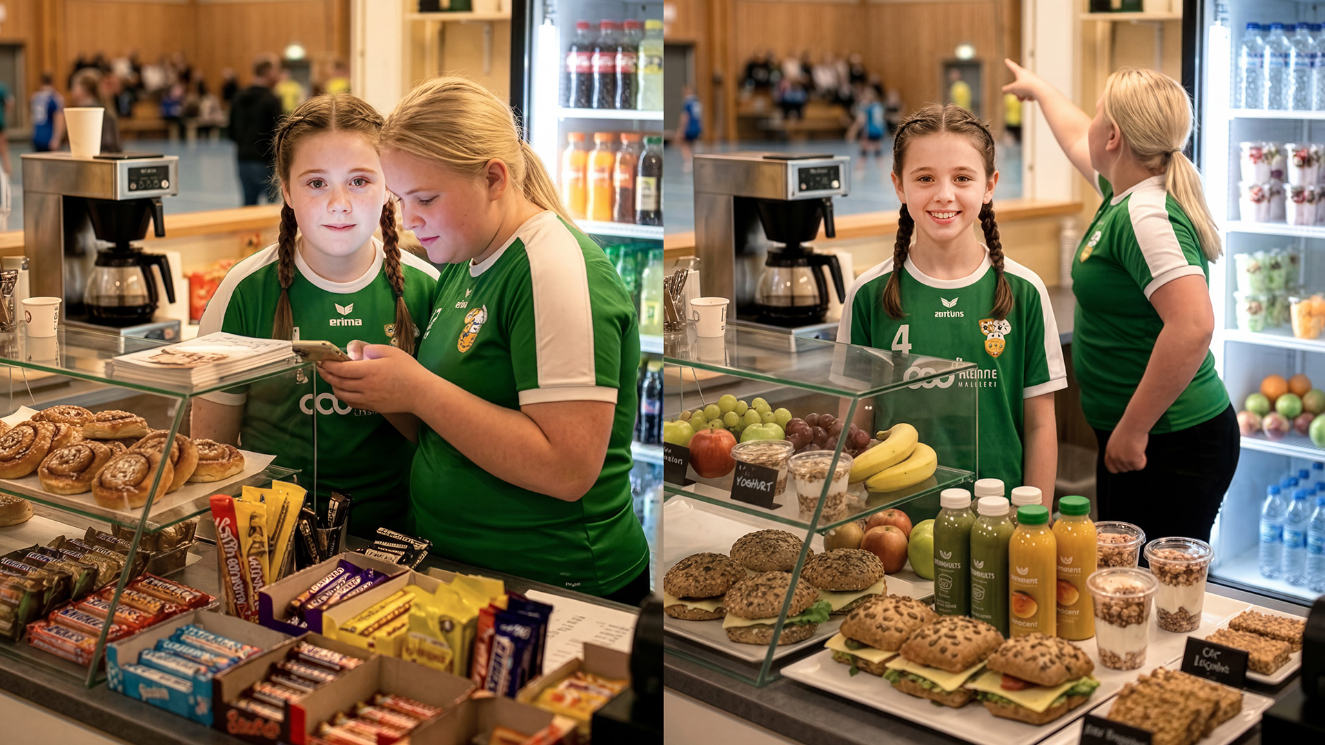 Vänstra bilden: idrottskafeteria med godis, bullar och power bars. Högra bilden: idrottskafeteria med nyttiga mellanmål. Ai-genererat foto.