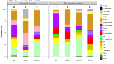Diagram som visar vad hjortdjur ätit under augusti månad.