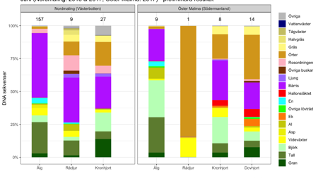 Diagram som visar vad hjortdjur ätit under juni månad.