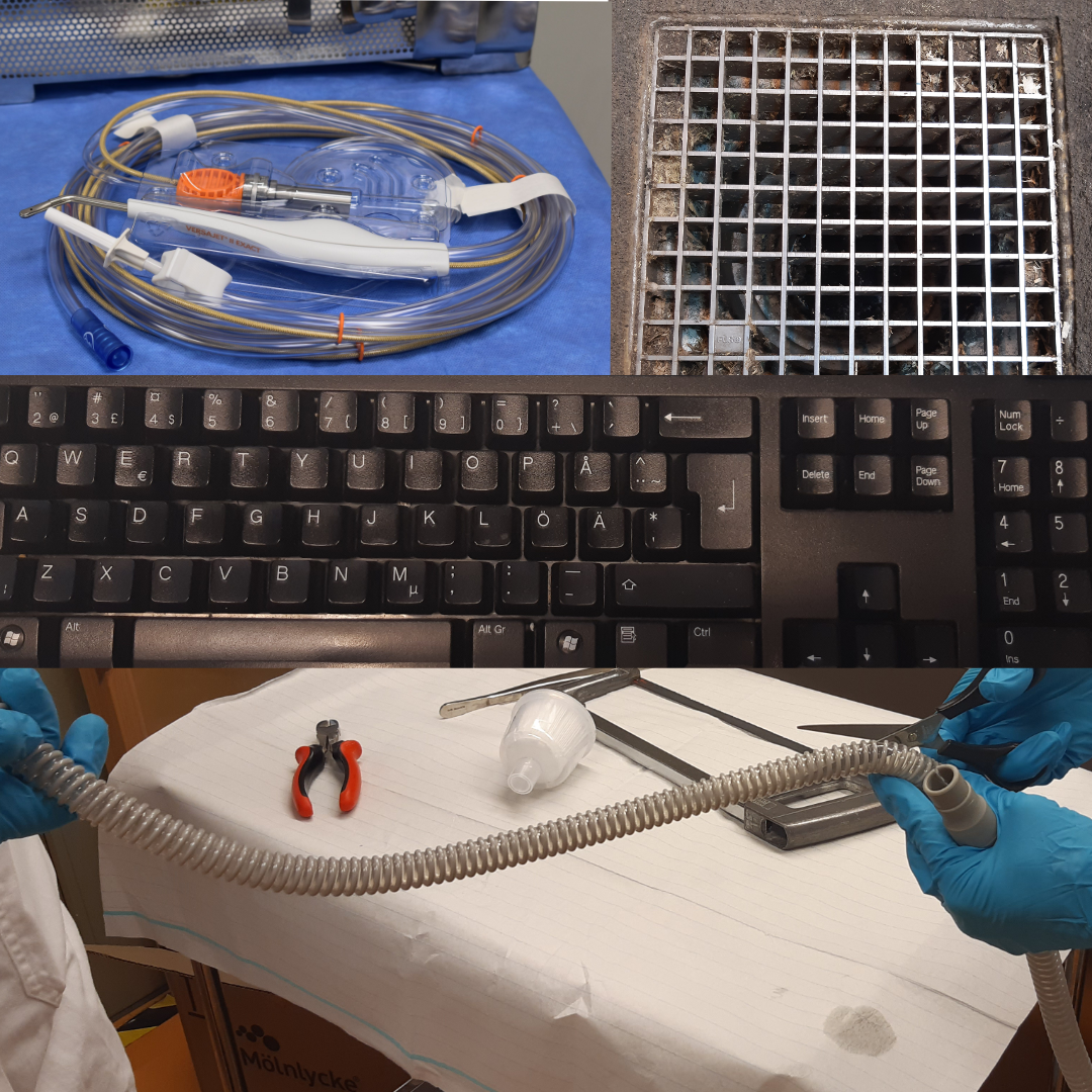 På bilden se uppe till vänster: en versajet som används för sårbehandling, den ligger på ett sterilt blått papper. Uppe till höger ses en golvbrunn bestående av ett metallnät. I golvbrunnen ses strömaterial och smuts. I mitten av bilden ses ett svart tangentbord. I den nedre delen av bilden ses delar av en andningsslang som används vid sövning under operation. Två personer håller i andningsslangen med blå handskar, en av personerna klipper upp andningsslangen för provtagning