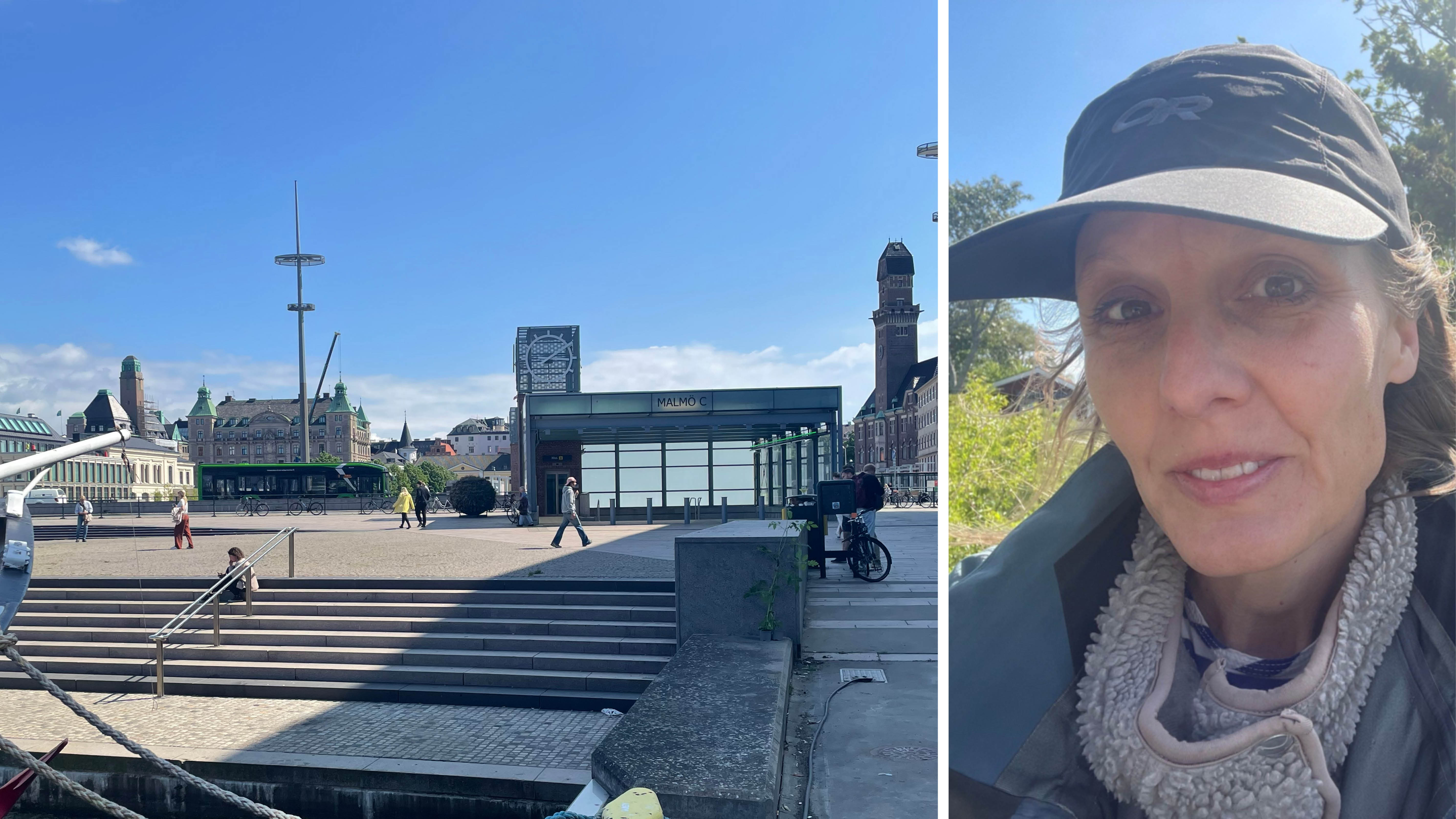 Delad bild på dels Malmö centralstation, dels på Victoria Sjöstedt. 