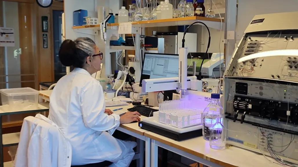 Person vid dator i ett kemi-laboratorium. Foto.