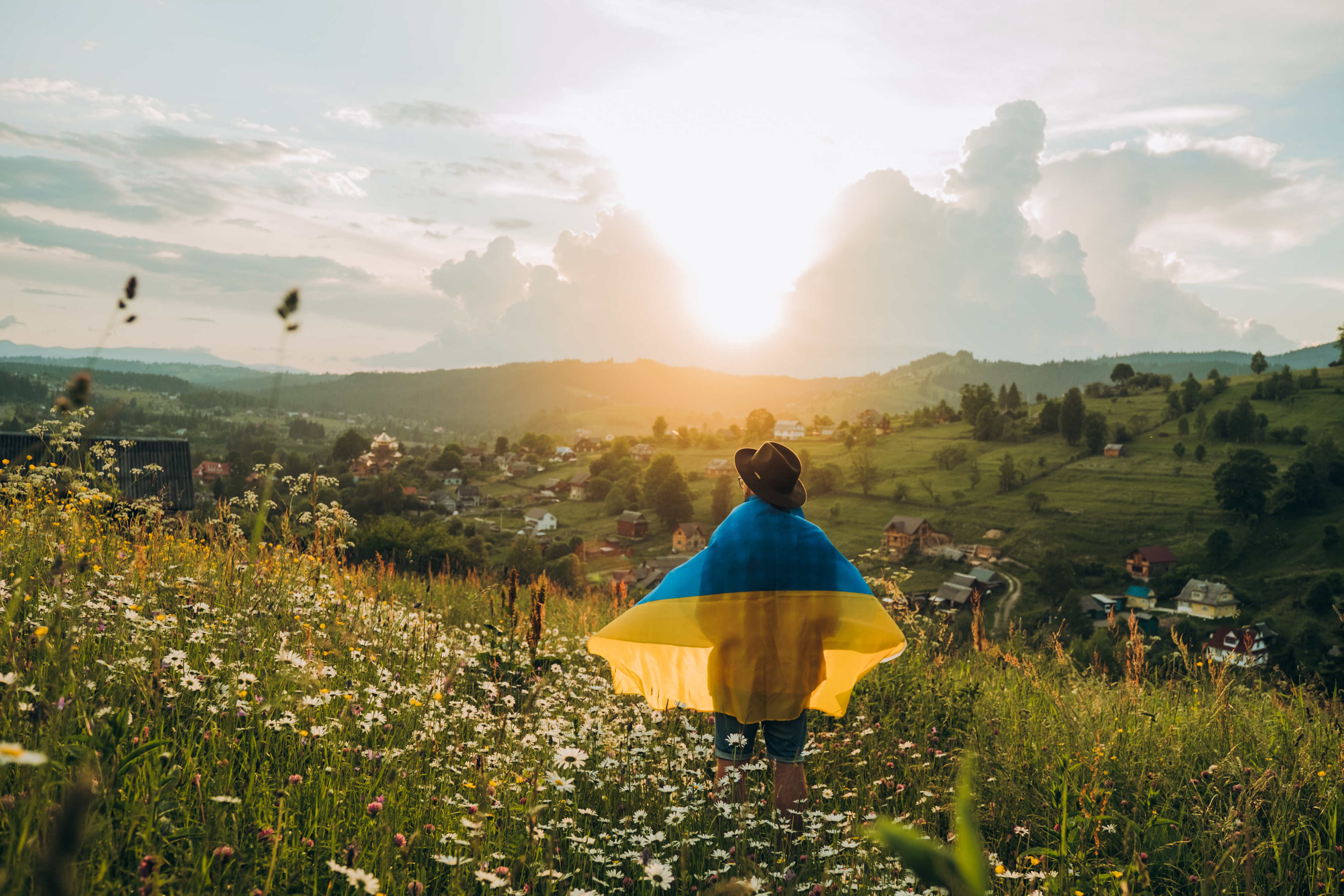 En person med en ukrainsk flagga över axlarna blickar ut över ett kuperat jordbrukslandskap. 