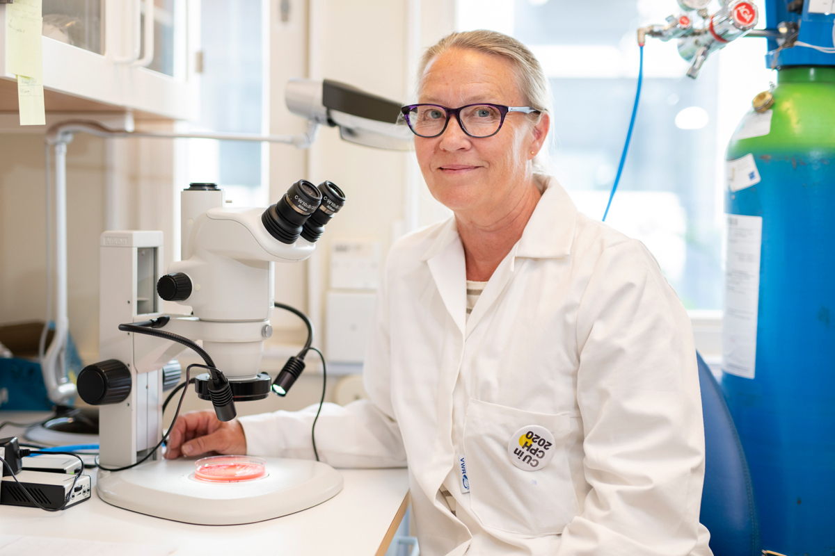 kvinna vid mikroskåå