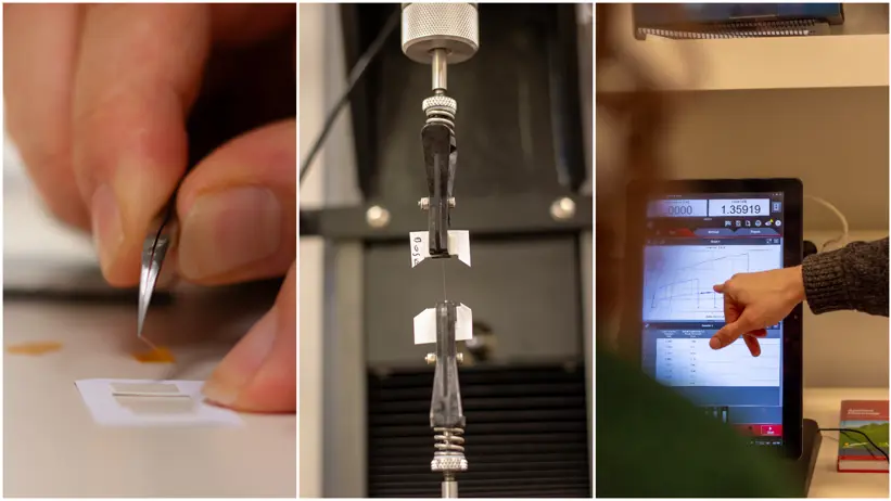 Collage with three images depicting different stages in the process of developing and testing the durability of artificial spider silk in the laboratory.