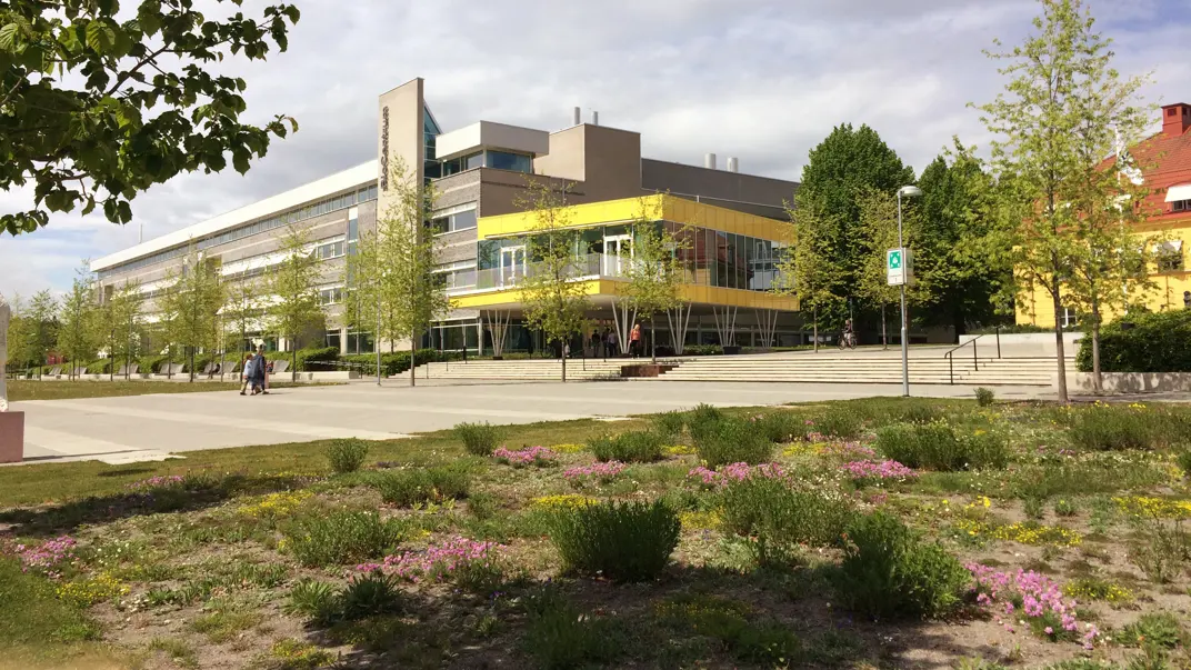 Outdoor environment on campus. Various buildings in the background and with vegetation in the foreground.