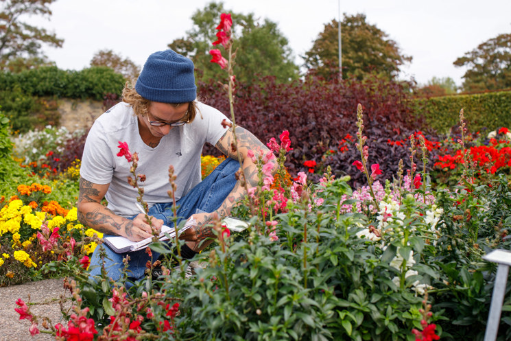 Student dokumenterar växtobservationer i blomsterplantering, omgiven av färgstarka sommarblommor i SLU:s trädgård.
