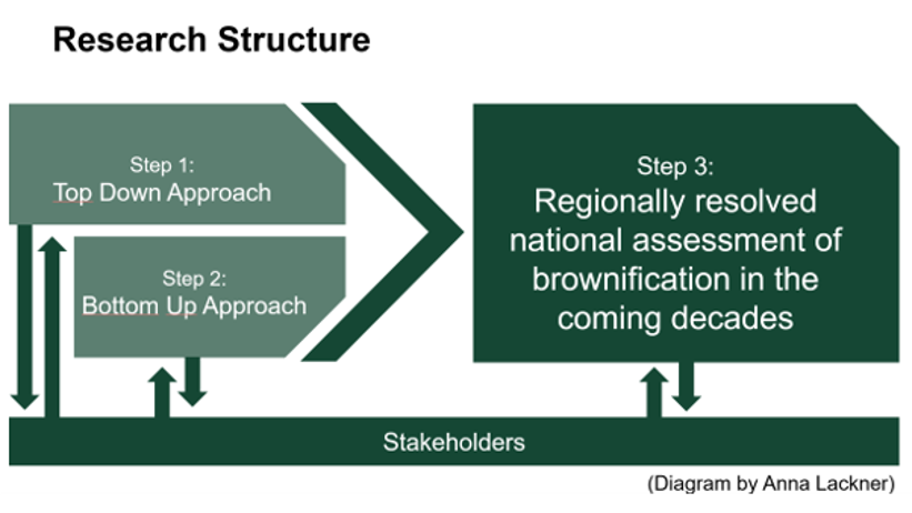Step 1: Top Down Approach. Step 2: Bottom Up Approach. Step 3: Regionally resolved national assessment of brownification in the coming decades. All steps with stakeholder contact. Illustration.