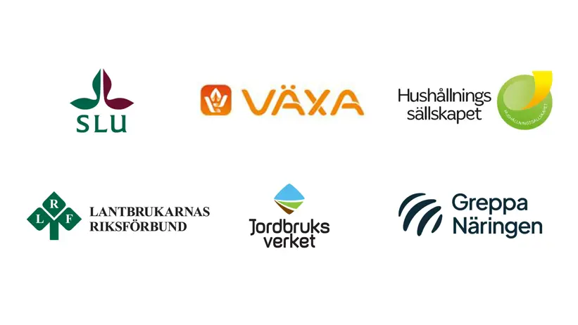 Ett collage med alla arrangörers logotyper. SLU, Växa, Hushållningssällskapet, LRF, Jordbruksverket och Greppa näringen.