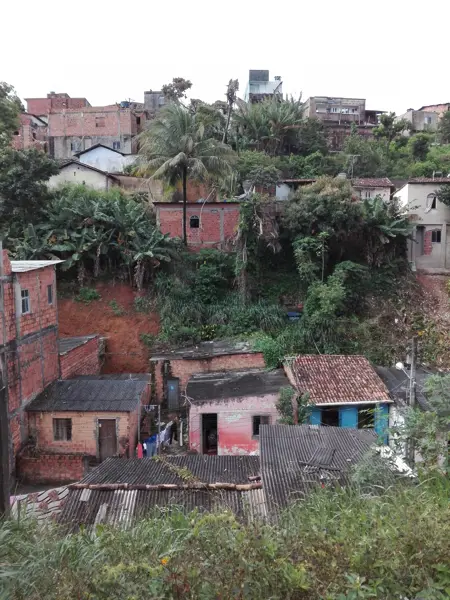 Dense hillside neighbourhood with small brick houses and lush vegetation. Urban area with close housing, typical of low-income districts.