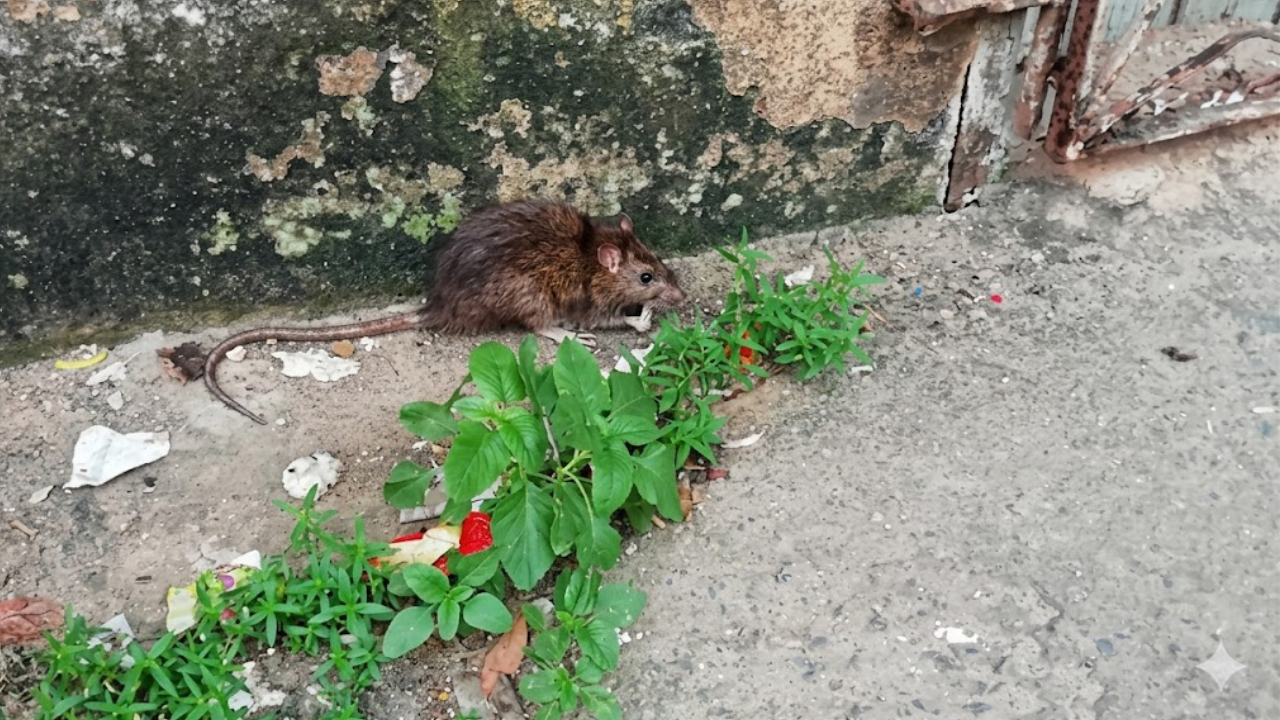 Brown rat on a sidewalk beside a wall and small plants. Urban environment with debris and patches of greenery.
