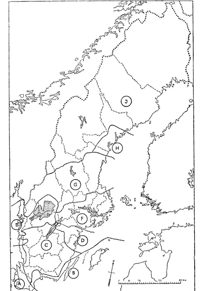 Karta över Sverige med områdesindelning för provning av sorter, nio områden.