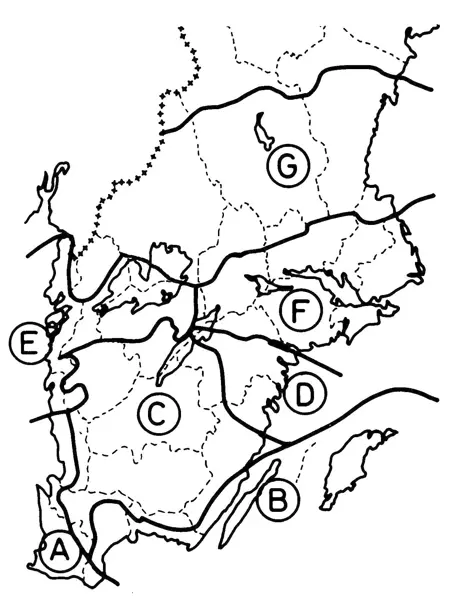 Karta över södra Sverige med områdesindelningar, sju områden.