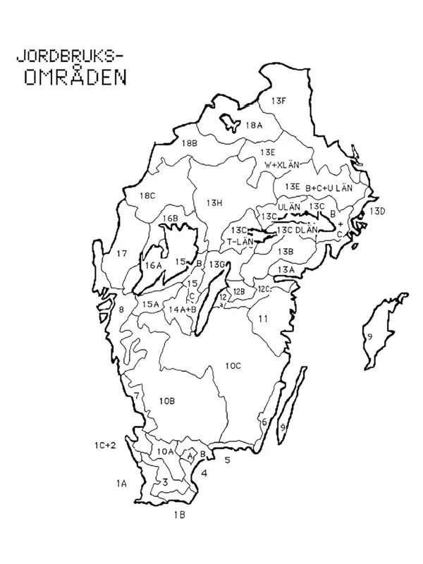 Karta över södra Sverige med områdesindelningar, över 40 områden.