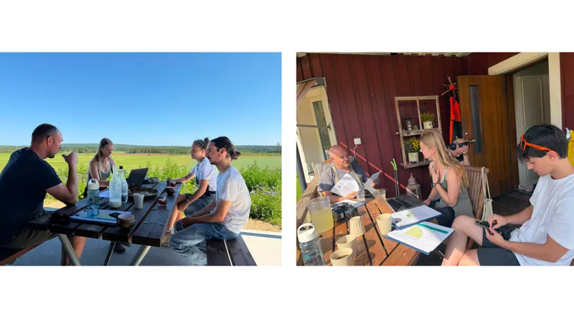 Två bilder med några personer runt ett bord utomhus. De fikar och diskuterar agroekologi.