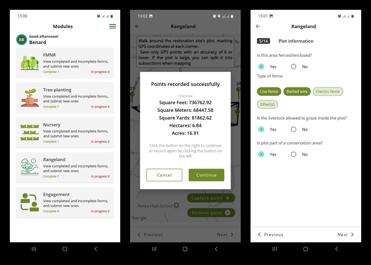 Screenshots from the Regreening App’s new Rangeland Module. The first screen shows the app’s main menu, where users can select from the available data-collection modules, including the rangeland module. The second screen illustrates how plot boundaries are georeferenced in the field to capture the precise coordinates of the restoration intervention area and calculate its size. The third screen displays example information recorded for a plot.