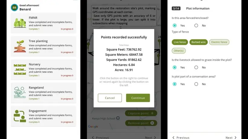 Screenshots from the Regreening App’s new Rangeland Module. The first screen shows the app’s main menu, where users can select from the available data-collection modules, including the rangeland module. The second screen illustrates how plot boundaries are georeferenced in the field to capture the precise coordinates of the restoration intervention area and calculate its size. The third screen displays example information recorded for a plot.