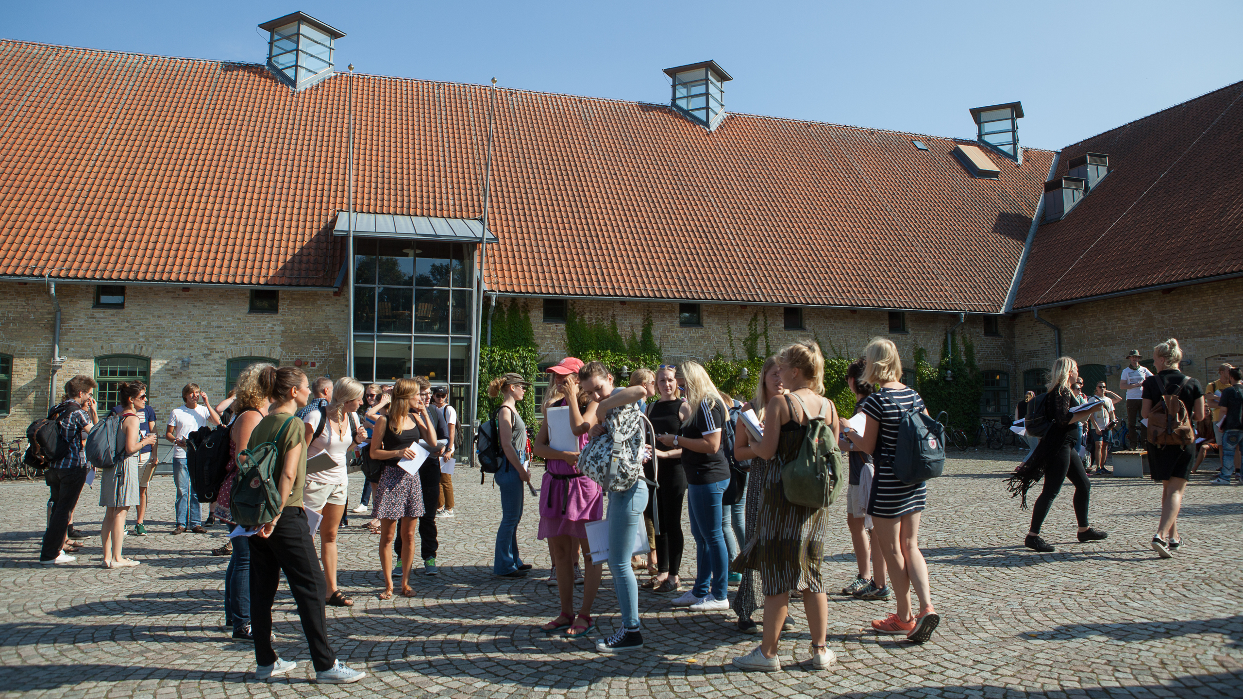Studenter framför Alnarpsgården vid SLU i Alnarp.