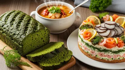 Ai-skapad bild av grönt bröd med sjögräs, en skål med rykande varm soppa och en smörgåstårta med räkor, lax och skivad sjögurka. Ai-genererad av Shutterstock.