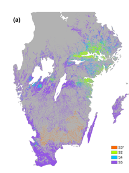 Sverigekarta med färgmarkeringar. Lila framförallt i söder, västkust samt Öland/Gotland. Grönt framförallt runt Stockholm.