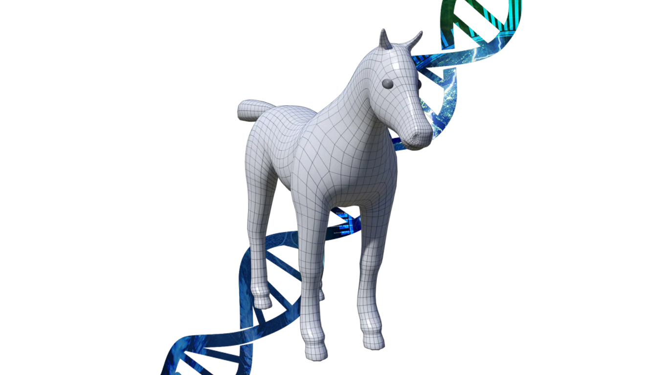 Photo of a 3D model of a horse and DNA code, against a white background.