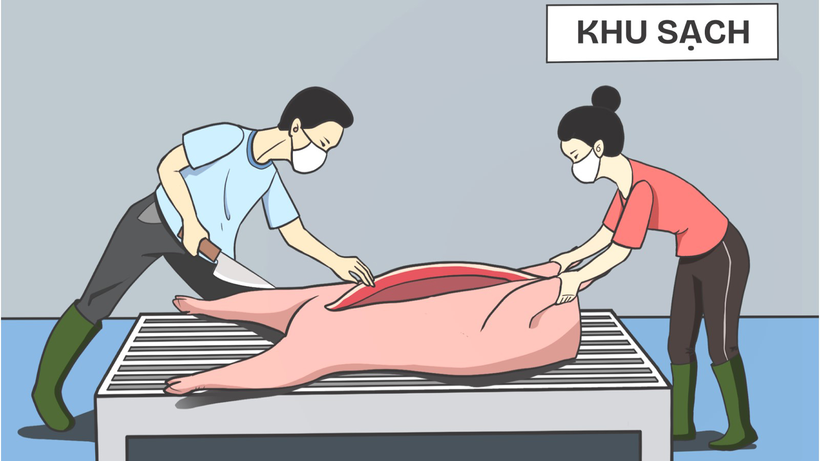 Illustration of two people cutting up pork.