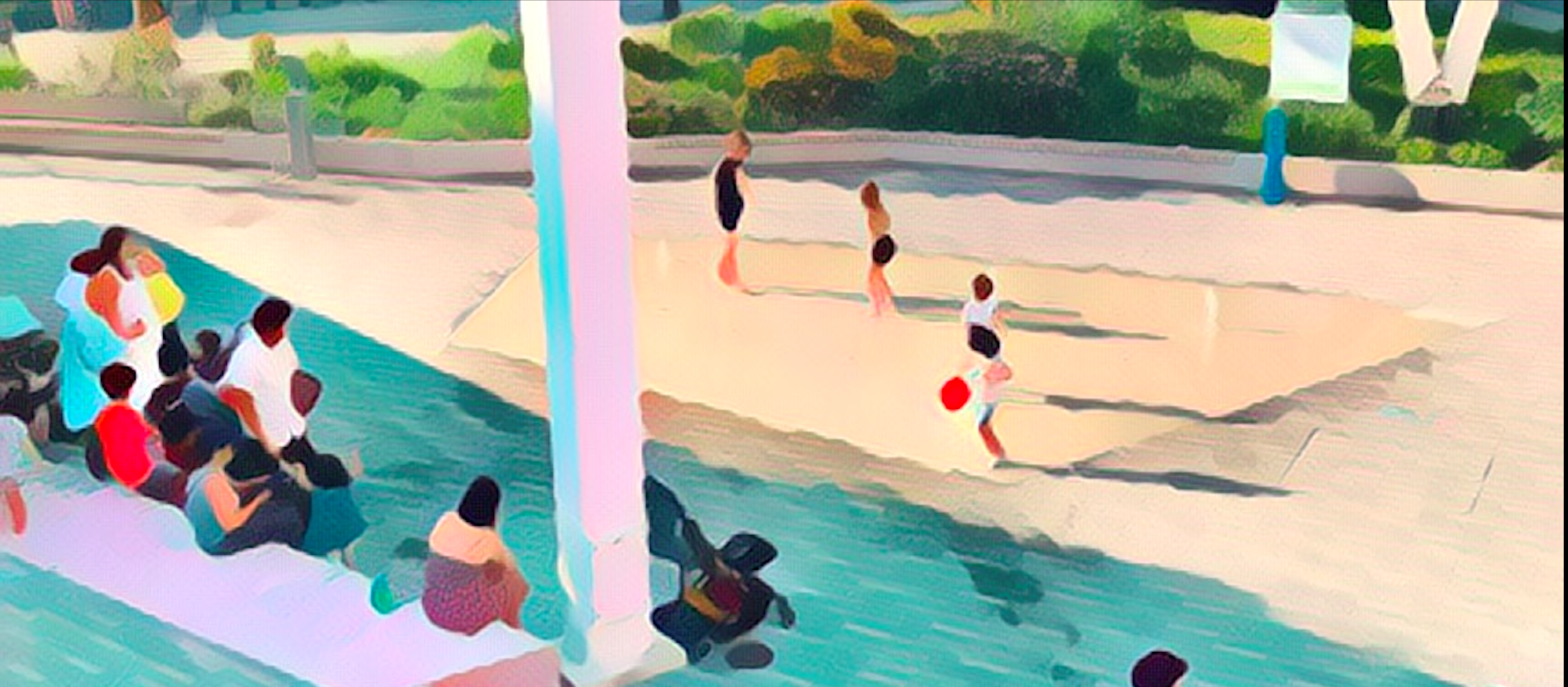 A stylized, painterly scene showing a public open space that includes a large paved area and a shallow, raised paddling pool framed by natural surroundings. Adults sit on the steps at the side while children play in both the open space and the paddling pool. The colors are vivid and impressionistic, giving the image an artistic, abstract feel.