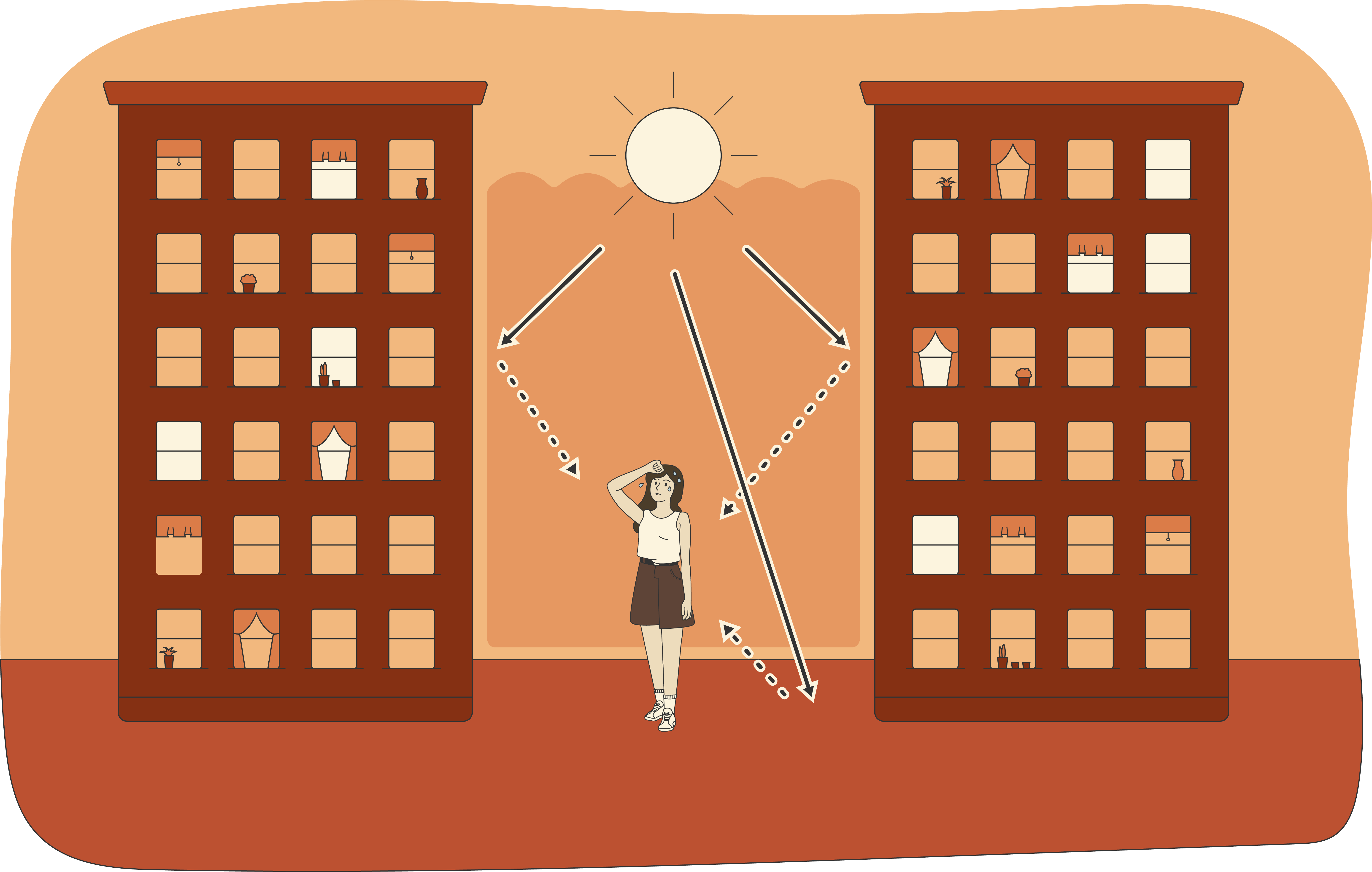 Illustration of a woman between two high-rise buildings.