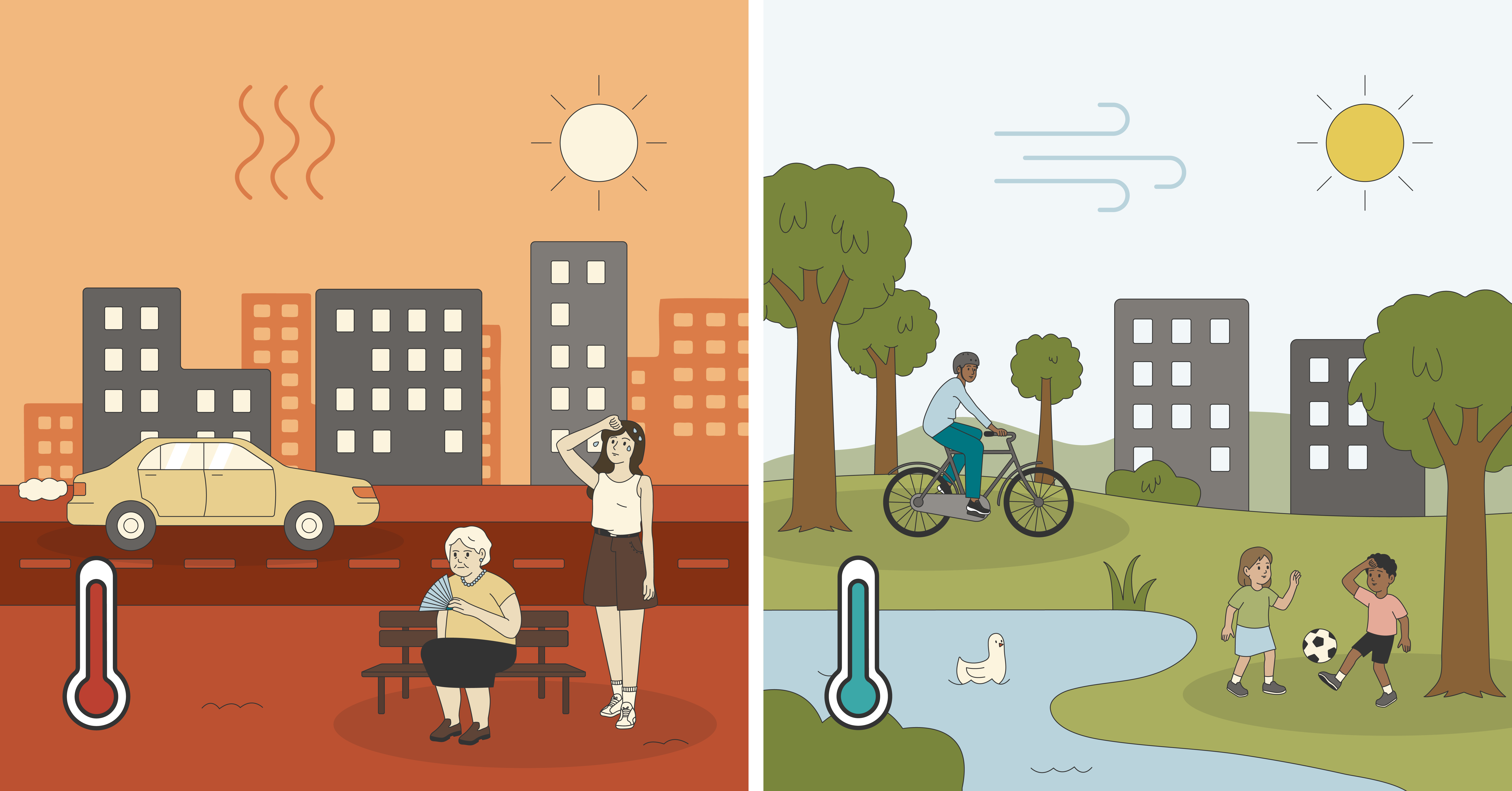 Two-part illustration of a city with comfortable heat and one with excessive heat.
