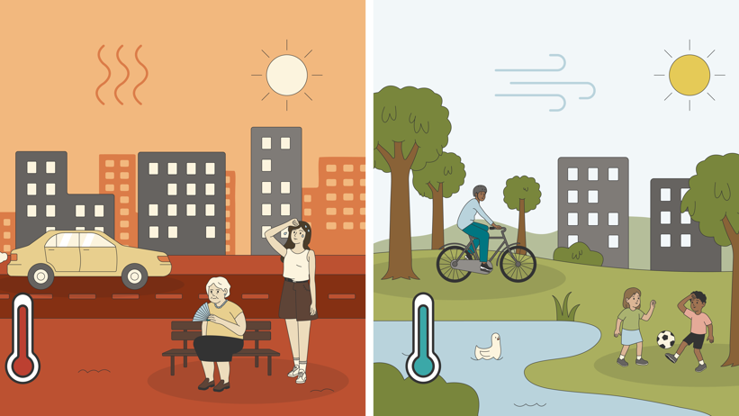 Two-part illustration of a city with comfortable heat and one with excessive heat.
