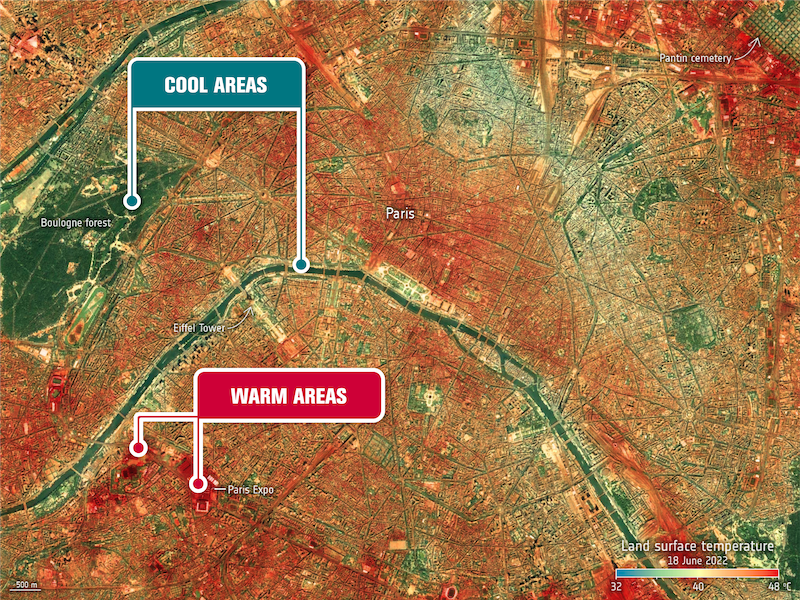 Satellite image showing warmer and cooler areas in Paris, 2018.