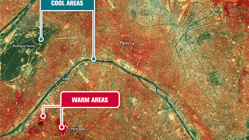 Satellite image showing warmer and cooler areas in Paris, 2018.