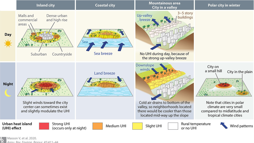 Table showing how heat manifests in cities during daytime and nighttime.