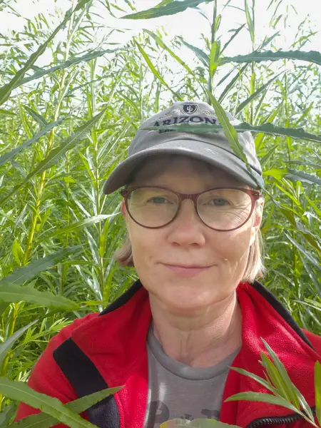 A woman wearing a cap with green twigs in the background. Photo.