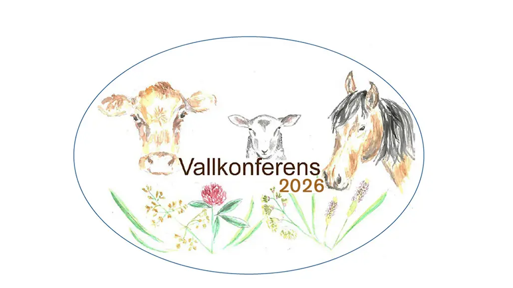 Vallkonferensens logotyp med en ritad häst, ett får och en ko med lite gräs, klöver och blommor i förgrunden.